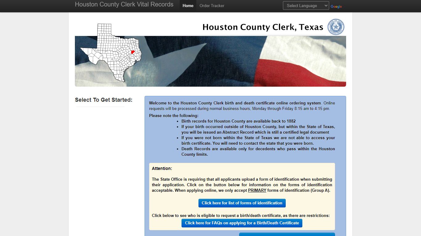Houston County Clerk Online Birth/Death Certificate Requests